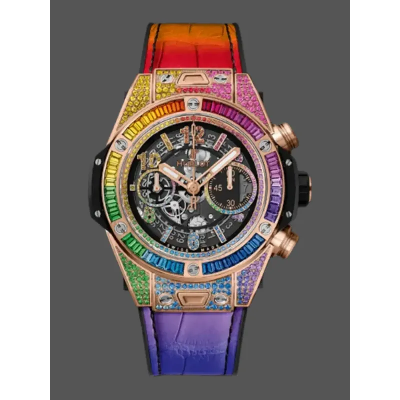 Hublot Rainbow Chronograph 411.OX.9910.LR.0999 Replica - Lunette Diamants Bracelet Cuir