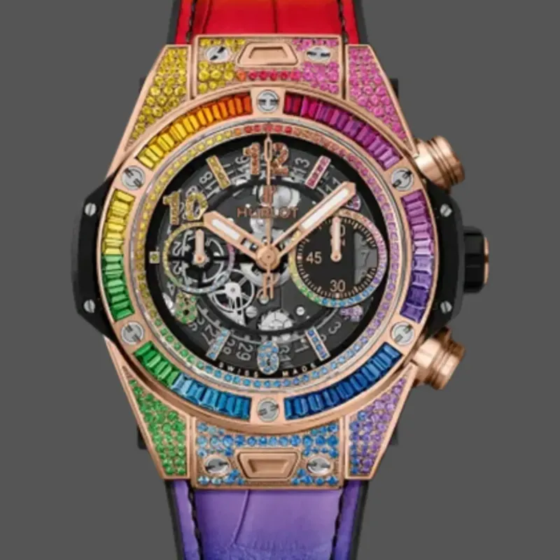 Hublot Rainbow Chronograph 411.OX.9910.LR.0999 Replica - Lunette Diamants Bracelet Cuir