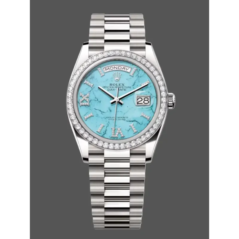 Rolex Day-Date 36 Unisexe 128349RBR Replica - Cadran Turquoise Lunette Diamants