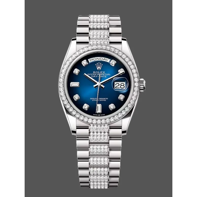 Rolex Day-Date 36 Unisexe 128349RBR Replica - Cadran Bleu Lunette Diamants