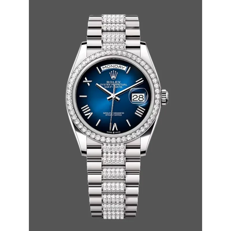 Rolex Day-Date 36 Unisexe 128349RBR Replica - Cadran Bleu Lunette Diamants