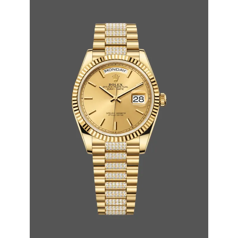 Rolex Day-Date 36 Unisexe 128238 Replica - Cadran Champagne Lunette Cannelee