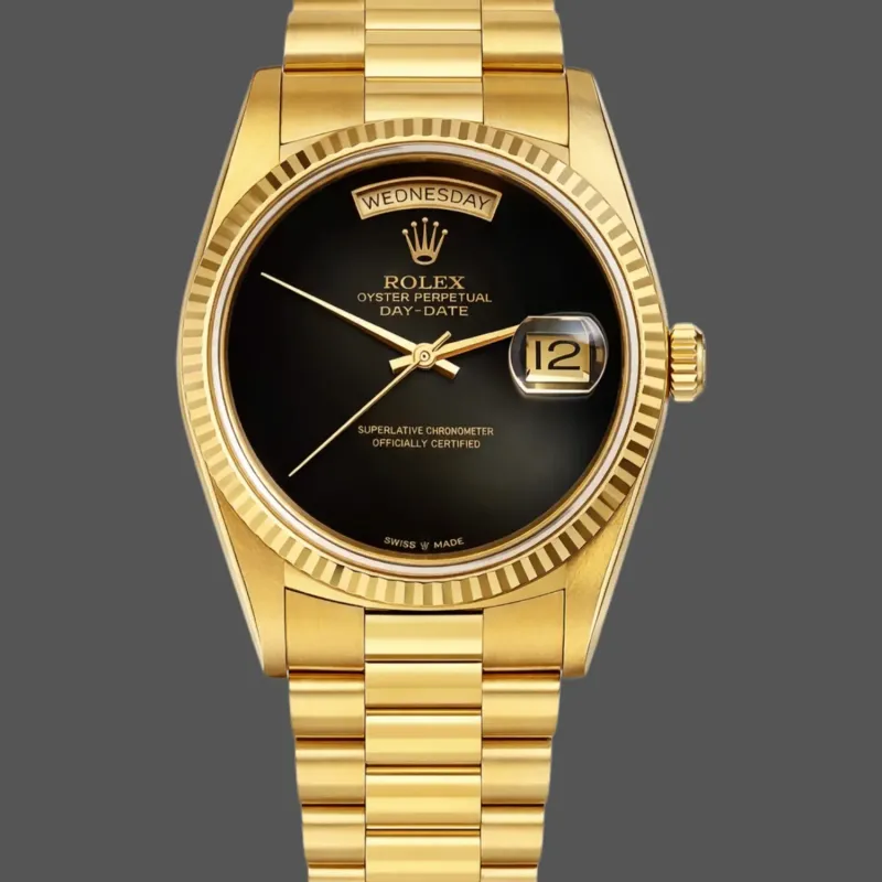 Rolex Day-Date 36 Unisexe 18038 Replica - Cadran Noir Lunette Cannelee