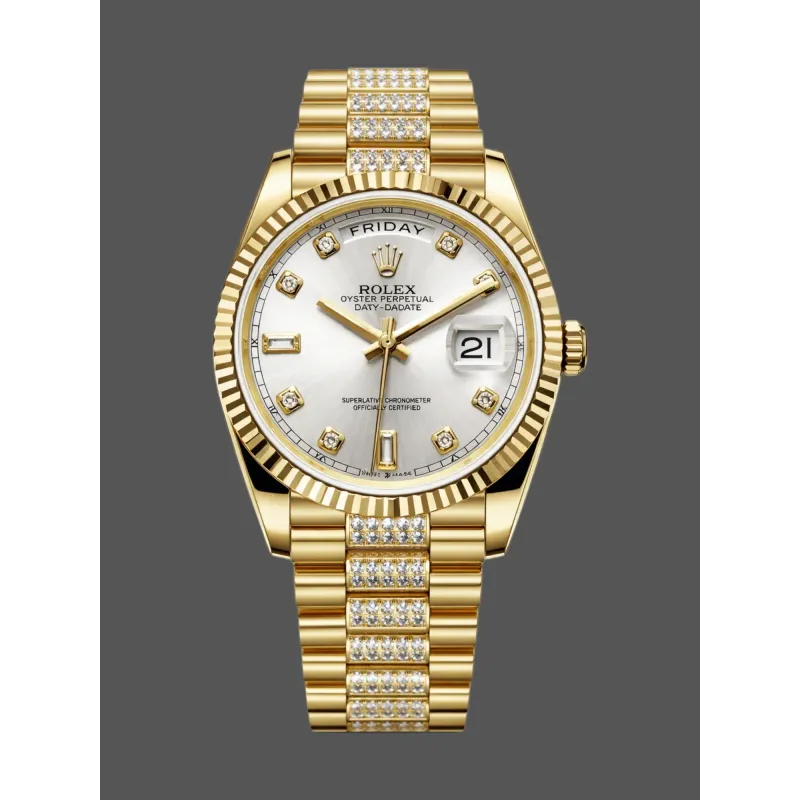 Rolex Day-Date 36 Unisexe 128238 Replica - Cadran Argent Lunette Cannelee