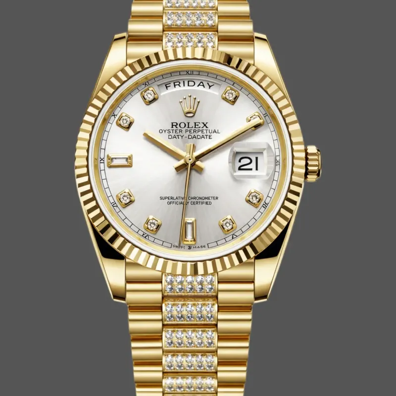 Rolex Day-Date 36 Unisexe 128238 Replica - Cadran Argent Lunette Cannelee