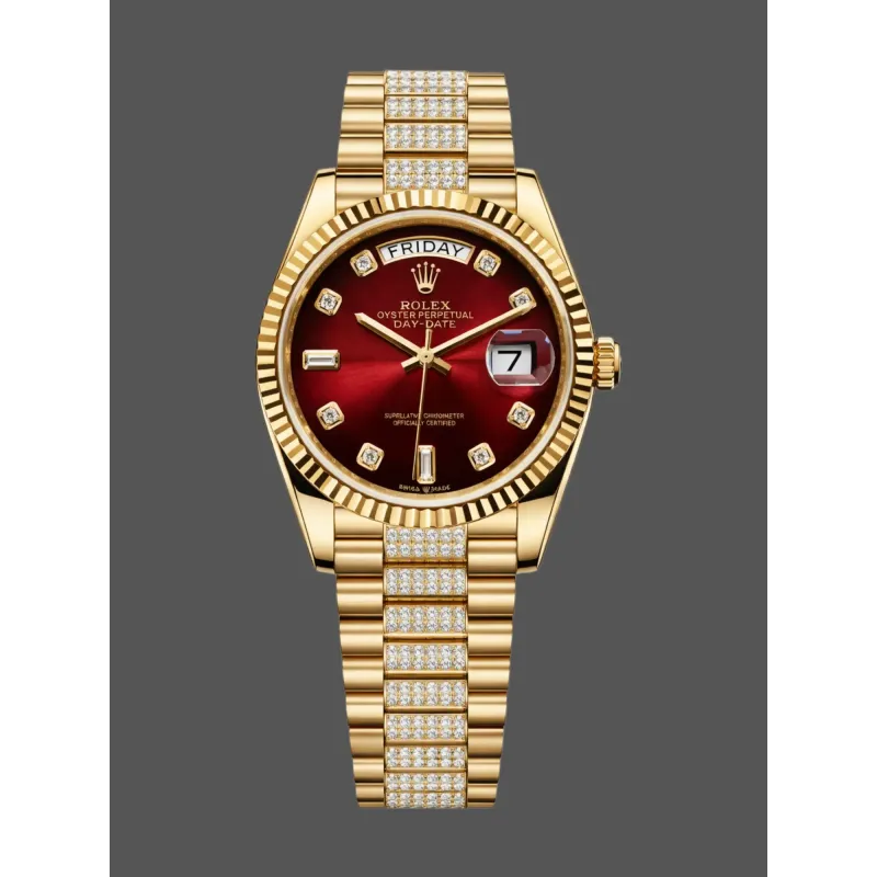 Rolex Day-Date 36 Unisexe 128238 Replica - Cadran Rouge Lunette Cannelee