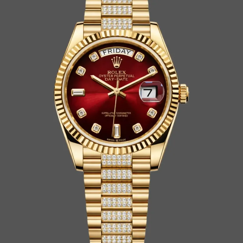 Rolex Day-Date 36 Unisexe 128238 Replica - Cadran Rouge Lunette Cannelee
