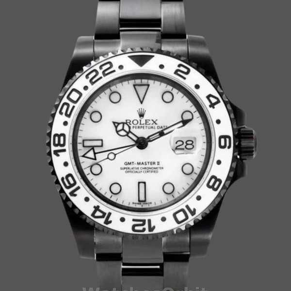 Replique Hommes Rolex GMT-Master II Black PVD/DLC Coated with White Dial Acier inoxydable Cadran blanc