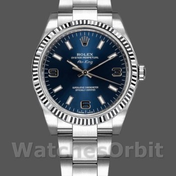 Replique Rolex Oyster Perpetual Air-King 34mm Unisex-114234-Cadran bleu-Nucléaire or blanc cannelé Bleu