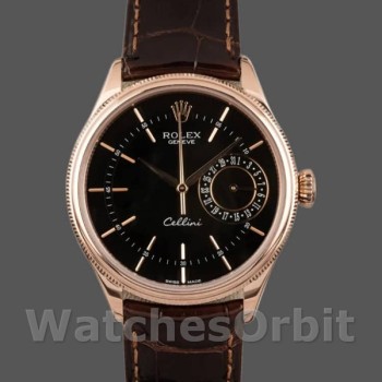 Replique Hommes Rolex Cellini Date 39mm Hommes-50515-Cuir brun-Cadran index noir Noir