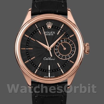 Replique Hommes Rolex Cellini Date 39mm Hommes-50515-Rose Gold-Black Index Dial Black<br />