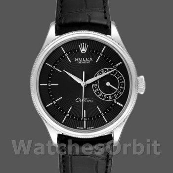 Replique Hommes Rolex Cellini Date 39mm Hommes-50519-Cuir noir-Cadran noir Noir