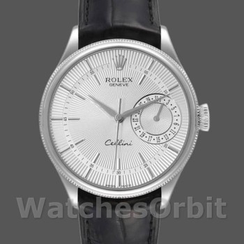 Replique Hommes Rolex Cellini Date 39mm Hommes-50519-Cuir noir-Cadran argenté Argenté