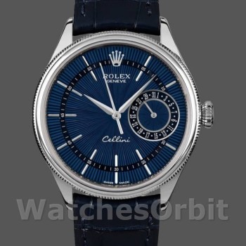 Replique Hommes - Rolex Cellini Date-50519, 39mm, cadran bleu, bracelet en cuir bleu, Bleu Homme