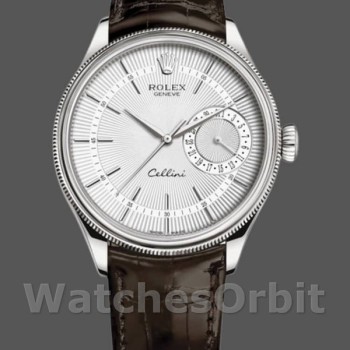 Replique Hommes Rolex Cellini Date 39mm Hommes-50519-Cuir brun-Cadran argenté Argenté