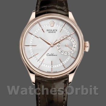 Replique Hommes Rolex Cellini Date 39mm-50515-Rose Gold-Silver-Crocodile Leather Strap White