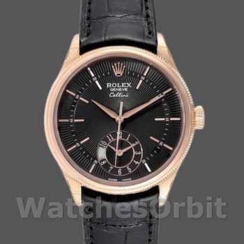 Replique Hommes Rolex Cellini Dual Time 39mm Hommes-50525-Cadran noir-Bracelet cuir noir Noir
