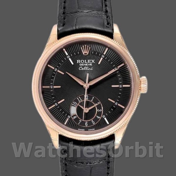Replique Hommes Rolex Cellini Dual Time 39mm Hommes-50525-Cadran noir-Bracelet cuir noir Noir