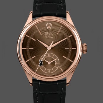 Replique Hommes Rolex Cellini Dual Time 39mm-50525-Brown Guilloche Dial-Black Leather Strap Brown