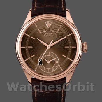 Replique Hommes Rolex Cellini Dual Time 39mm Hommes-50525-Cadran guilloché marron-Bracelet cuir marron Marron