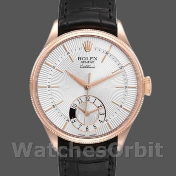 Replique Hommes Rolex Cellini Dual Time 39mm Hommes-50525-Cadran argenté-Bracelet cuir noir Argenté