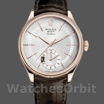 Replique Hommes Rolex Cellini Dual Time 39mm Hommes-50525-Cadran argenté-Bracelet cuir brun Argenté
