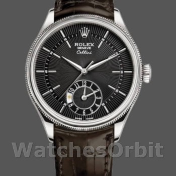 Replique Hommes Rolex Cellini Dual Time 39mm Hommes-50529-Cadran noir-Bracelet cuir brun Noir