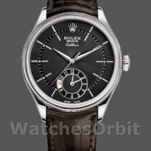 Replique Hommes Rolex Cellini Dual Time 39mm Hommes-50529-Cadran noir-Bracelet cuir brun Noir