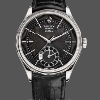 Replique Hommes Rolex Cellini Dual Time 39mm Hommes-50529-Cadran noir-Or blanc Noir