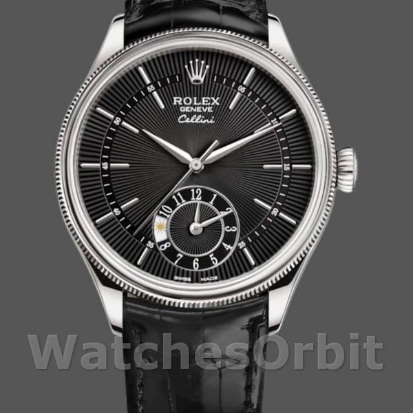 Replique Hommes Rolex Cellini Dual Time 39mm Hommes-50529-Noir Cadran Guilloché Noir