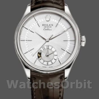 Replique Hommes Rolex Cellini Dual Time 39mm Hommes-50529-Cadran argenté-Bracelet marron Argenté<br />