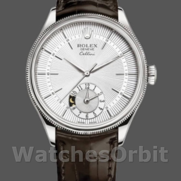 Replique Hommes Rolex Cellini Dual Time 39mm Hommes-50529-Cadran argenté-Bracelet marron Argenté<br />