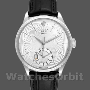Replique Hommes Rolex Cellini Dual Time 39mm Hommes-50529-Cadran Silver Sunburst-Bracelet cuir noir Argenté