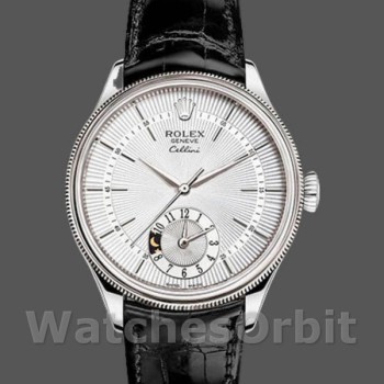 Replique Hommes Rolex Cellini Dual Time 39mm Hommes-50529-Cadran Silver Sunburst-Bracelet en cuir brun Argenté