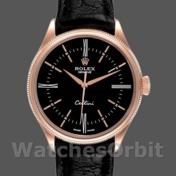 Replique Hommes Rolex Cellini Time 39mm Hommes-50505-Bracelet cuir noir-cadran noir Noir