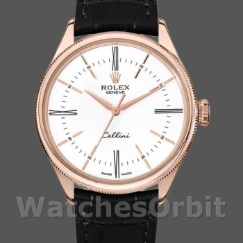 Replique Hommes Rolex Cellini Time 39mm Hommes-50505-Bracelet cuir noir-Cadran blanc Blanc