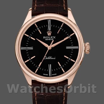 Replique Hommes Rolex Cellini Time 39mm Hommes-50505-bracelet cuir brun-cadran noir Noir