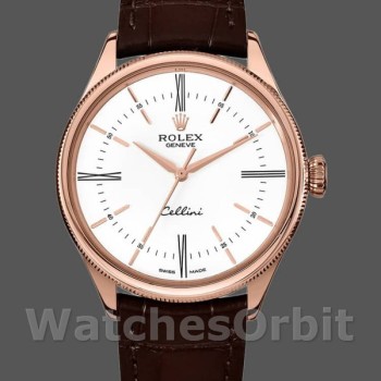 Replique Hommes Rolex Cellini Time 39mm Hommes-50505-bracelet cuir brun-cadran blanc Blanc