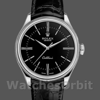 Replique Hommes Rolex Cellini Time 39mm Hommes-50509-Bracelet cuir noir-cadran noir Noir