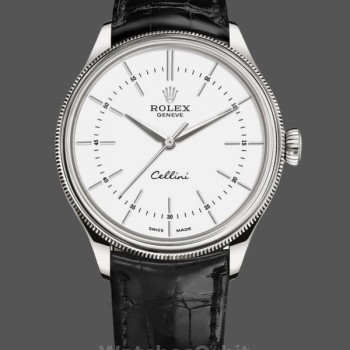 Replique Hommes Rolex Cellini Time 39mm Hommes-50509-Bracelet cuir noir-Cadran blanc Blanc