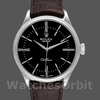 Replique Hommes Rolex Cellini Time 39mm Hommes-50509-bracelet cuir brun-cadran noir Noir