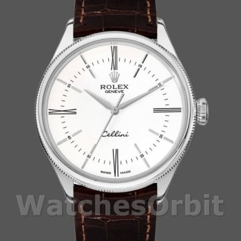 Replique Hommes Rolex Cellini Time 39mm Hommes-50509-bracelet cuir brun-cadran blanc Blanc