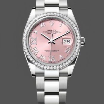 Replique Rolex Datejust 36-126284RBR 0024 pour femme, cadran romain rose, diamant, cadran rose chiffres romains index des heures pour femme
