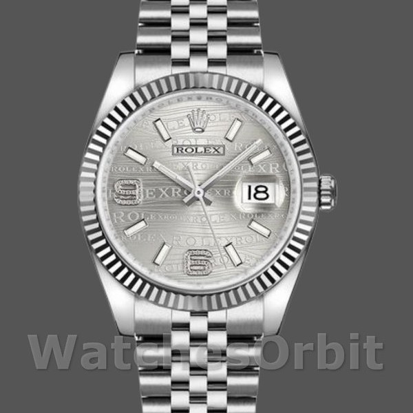 Replique Rolex Datejust 36mm Unisex-116234-0159-Rhodium Wave-Diamond Dial Rhodium Wave Diamond