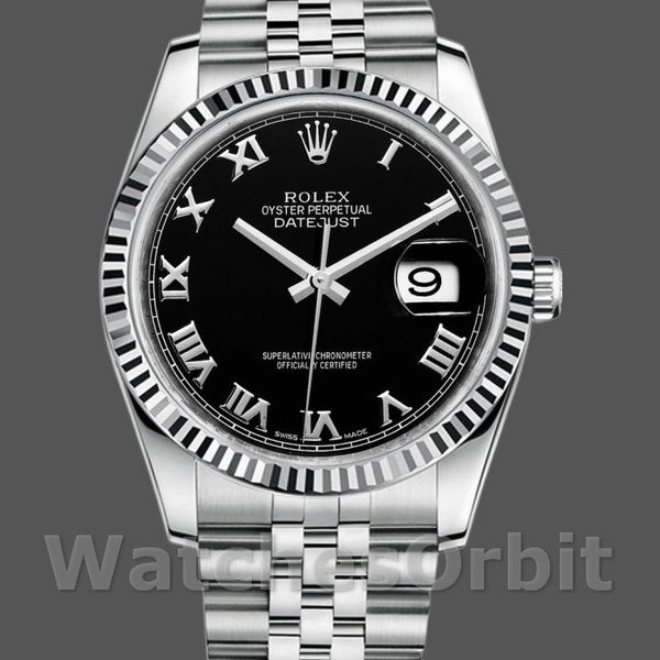 Replique Hommes Rolex Datejust 36mm Hommes-116234-Acier inoxydable-Cerclée-Fluted Bezel-Black Roman Dial Black