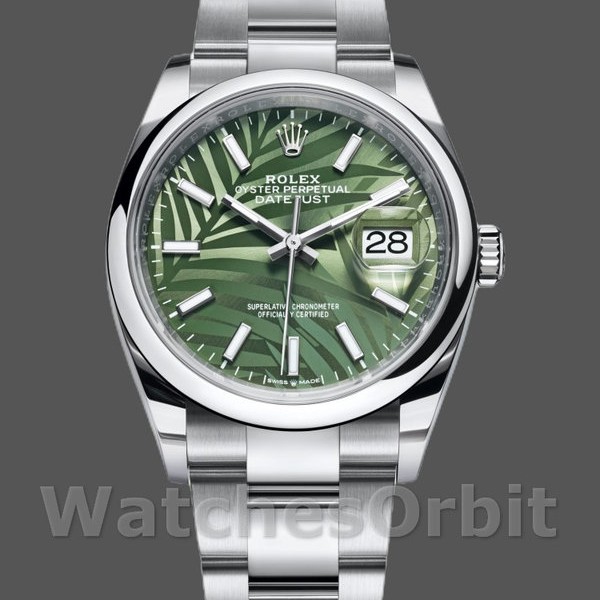 Replique Rolex Datejust 36mm Unisex-126200-Cadran à motif palmier vert olive-acier inoxydable vert<br />