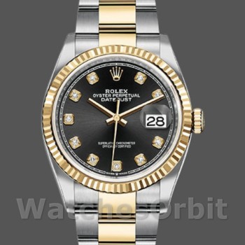 Replique Rolex Datejust 36mm Unisex-126233-Cadran noir à diamants Lunette cannelée Noir