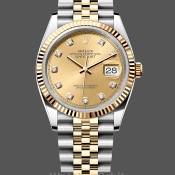 Replique Rolex Datejust 36mm Unisex-126233-Champagne Cadran diamant Lunette cannelée Champagne