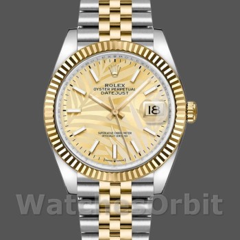 Replique Rolex Datejust 36mm Unisex-126233-Golden Cadran à motif palmier - Lunette cannelée Golden