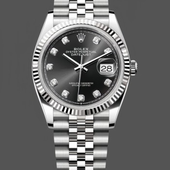 Replique Rolex Datejust 36mm Unisexe-126234-Cervelure cannelée-Cadran noir à diamants Noirs